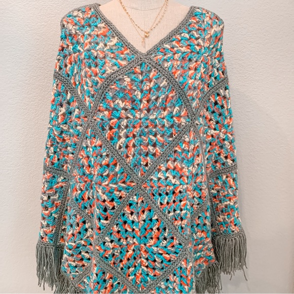 Granny Square Crochet Handmade Knit Shawl Cape Poncho Boho Festival Hippie - Picture 11 of 11